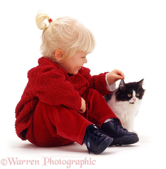 Siena stroking a black-and-white kitten, white background