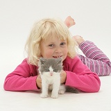 Girl with grey-and-white kitten