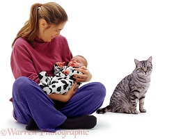Mother and baby with silver tabby cat