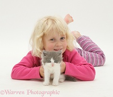 Girl with grey-and-white kitten