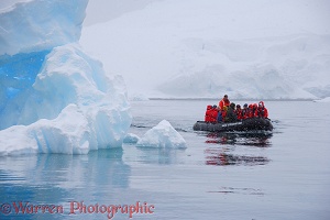 Tourists in zodiac boat viewing icebergs