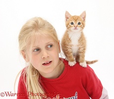 Girl with ginger kitten, 7 weeks old, on her shoulder