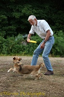 Man playing frisbee an older dog