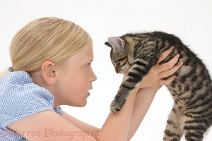 Girl face-to-face with a tabby kitten